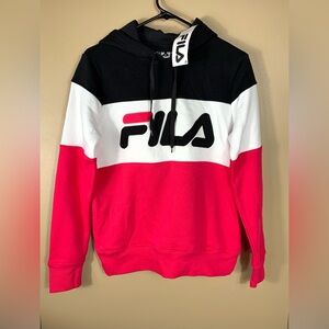 NWT FILA Logo Colorblock Fleece Hoodie Black, White, Pink Long Sleeves Size S